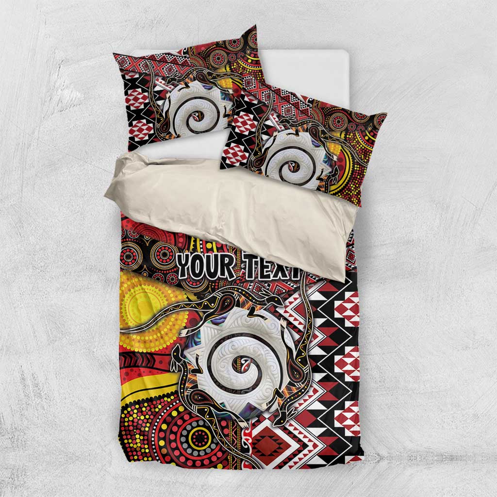 Personalised Aotearoa and Australia Together Bedding Set Koru and Kangaroo - Taniko with Aboriginal Motif