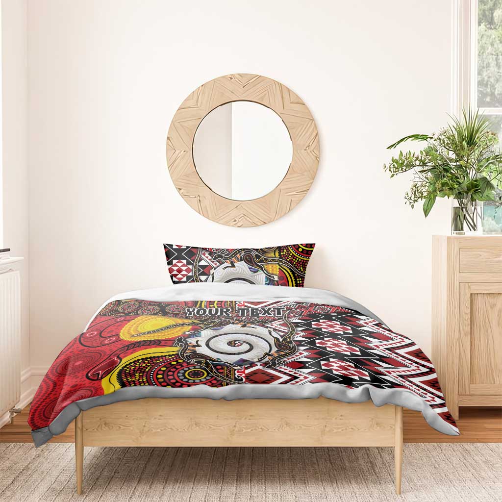 Personalised Aotearoa and Australia Together Bedding Set Koru and Kangaroo - Taniko with Aboriginal Motif