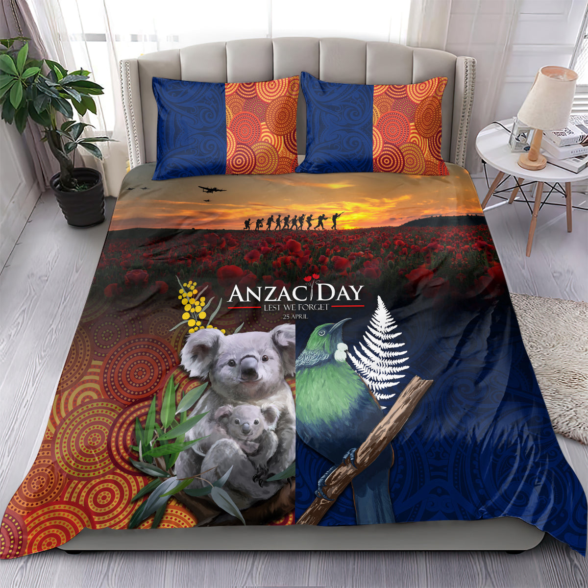 Australia and New Zealand ANZAC Day Bedding Set Tui Bird and Koala mix Maori and Aboriginal Pattern