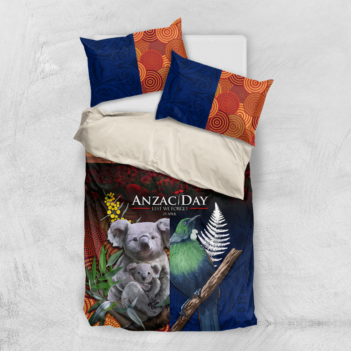 Australia and New Zealand ANZAC Day Bedding Set Tui Bird and Koala mix Maori and Aboriginal Pattern