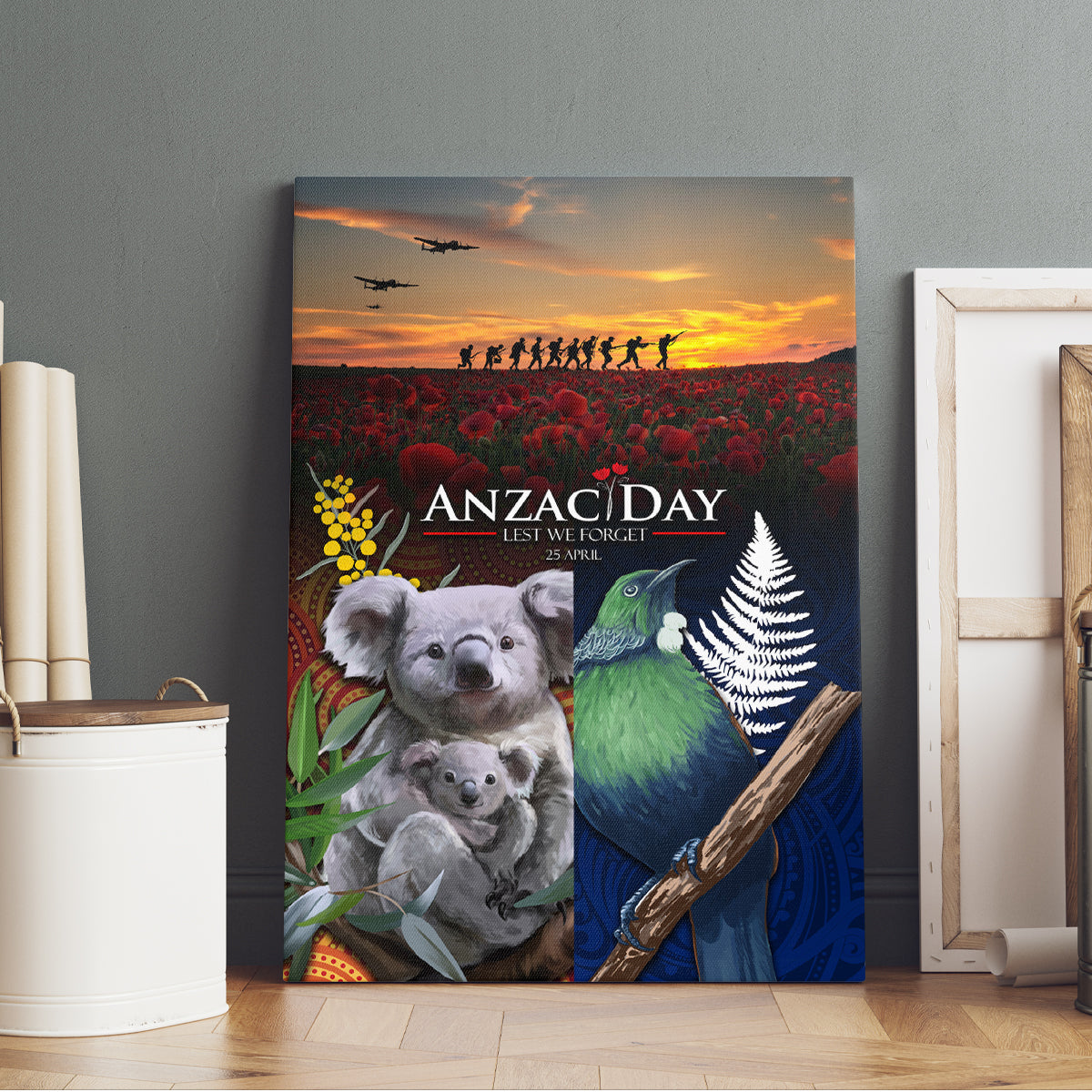 Australia and New Zealand ANZAC Day Canvas Wall Art Tui Bird and Koala mix Maori and Aboriginal Pattern