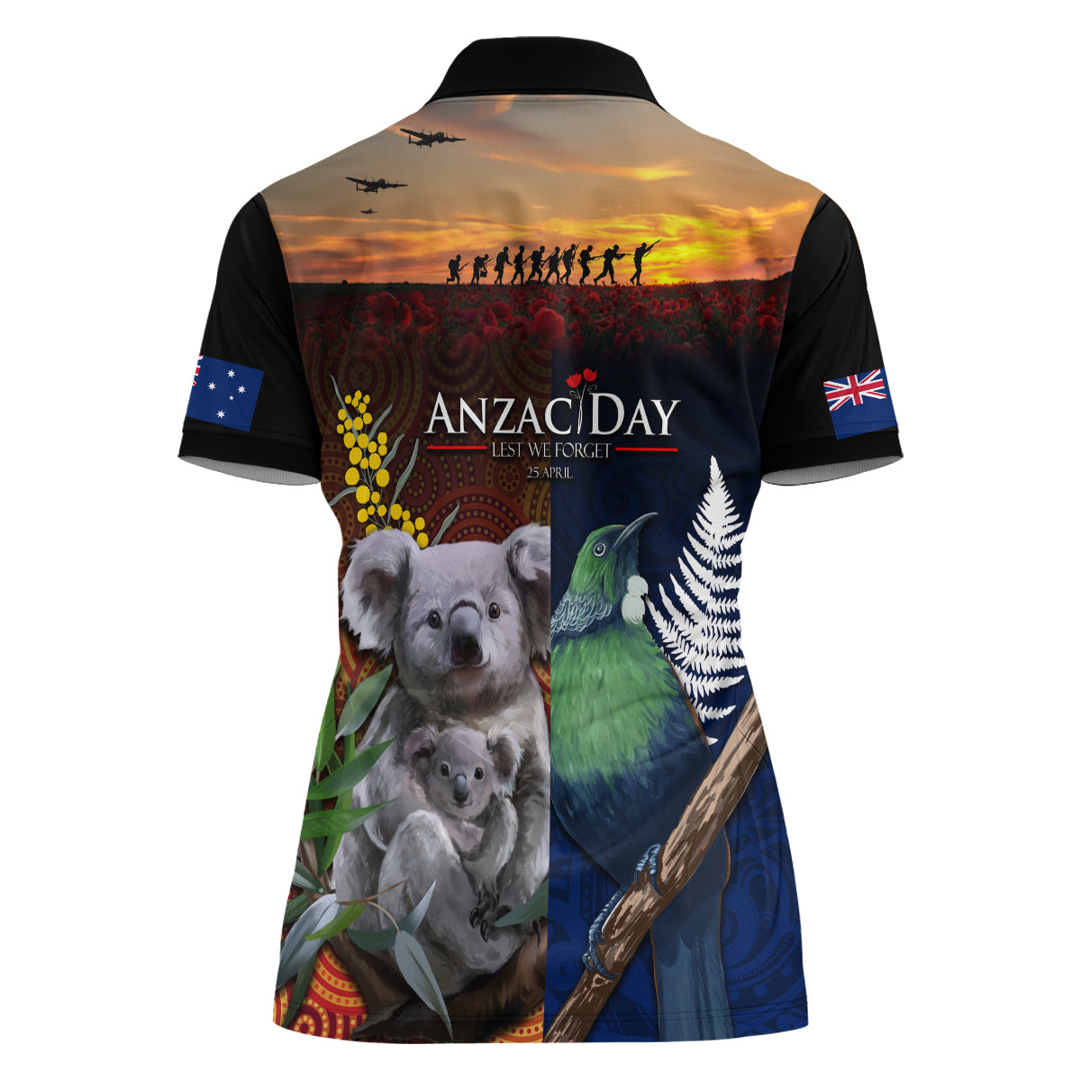 Australia and New Zealand ANZAC Day Women Polo Shirt Tui Bird and Koala mix Maori and Aboriginal Pattern