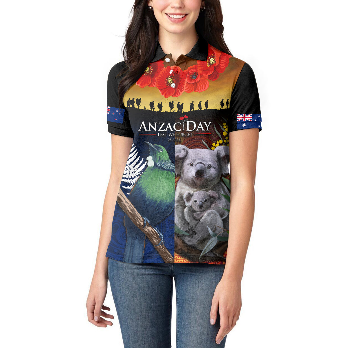 Australia and New Zealand ANZAC Day Women Polo Shirt Tui Bird and Koala mix Maori and Aboriginal Pattern