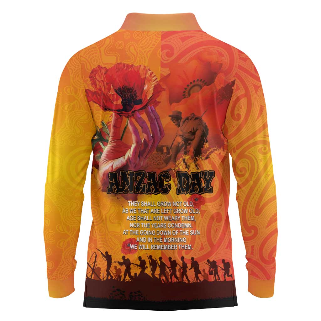 Australia and New Zealand ANZAC Day Long Sleeve Polo Shirt Soldiers Memories - Red Poppies with Aboriginal and Maori Art