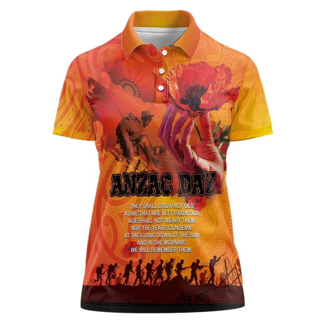 Australia and New Zealand ANZAC Day Women Polo Shirt Soldiers Memories - Red Poppies with Aboriginal and Maori Art