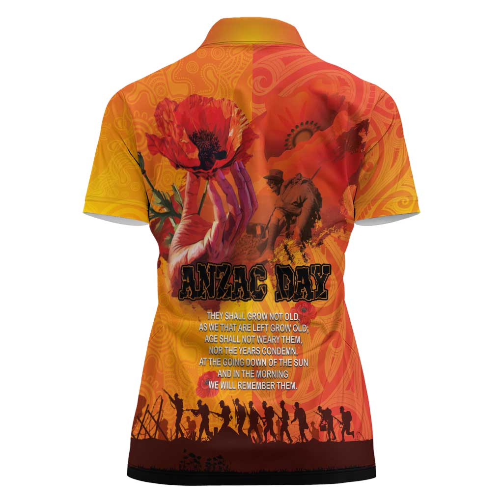 Australia and New Zealand ANZAC Day Women Polo Shirt Soldiers Memories - Red Poppies with Aboriginal and Maori Art