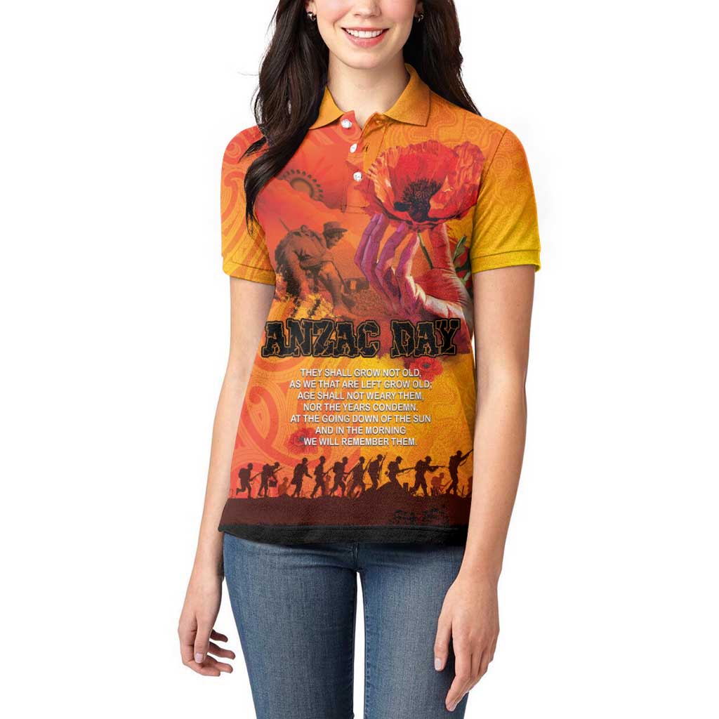 Australia and New Zealand ANZAC Day Women Polo Shirt Soldiers Memories - Red Poppies with Aboriginal and Maori Art