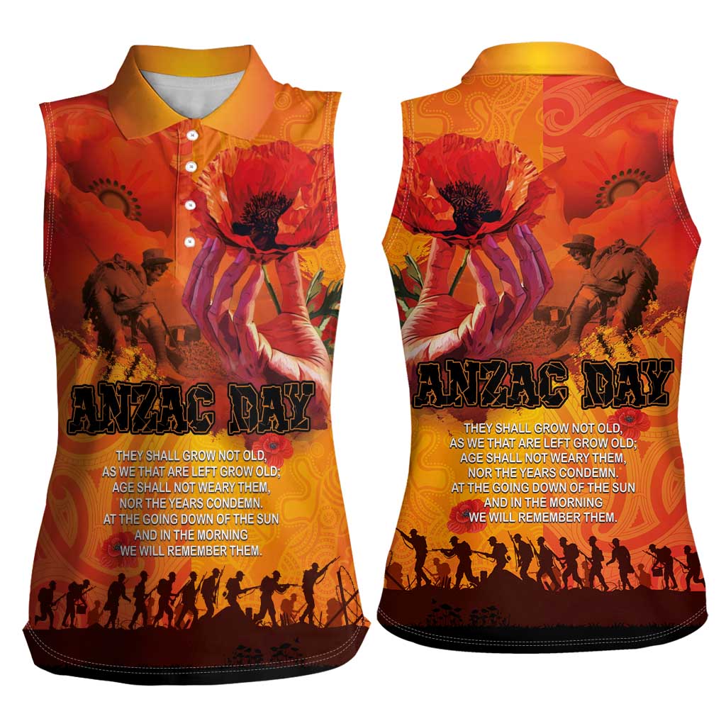 Australia and New Zealand ANZAC Day Women Sleeveless Polo Shirt Soldiers Memories - Red Poppies with Aboriginal and Maori Art