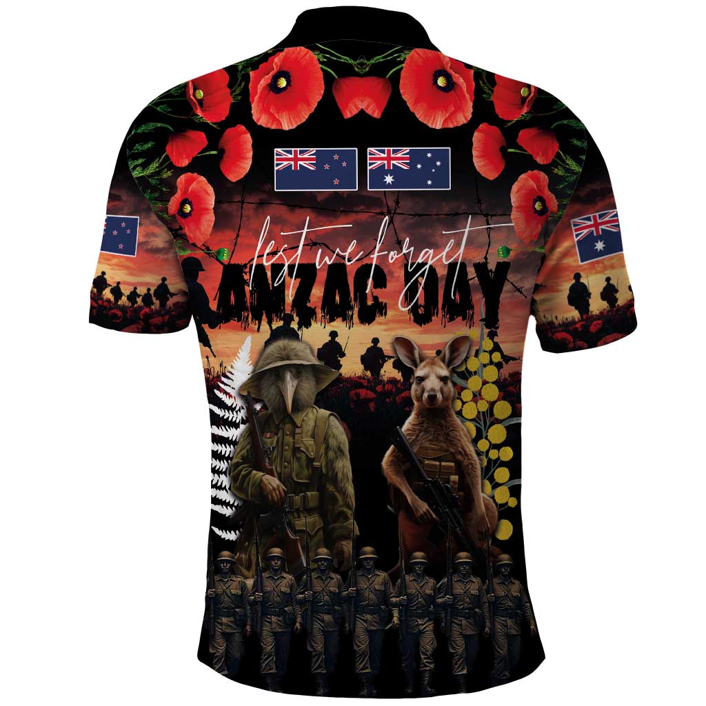 Australia and New Zealand ANZAC Day Polo Shirt Kangaroo and Kiwi Bird Soldier - Forever in My Thoughts