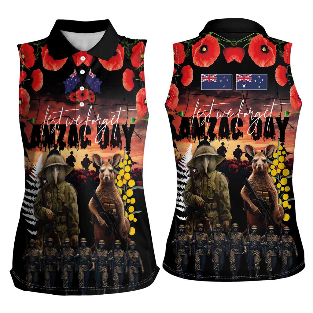 Australia and New Zealand ANZAC Day Women Sleeveless Polo Shirt Kangaroo and Kiwi Bird Soldier - Forever in My Thoughts