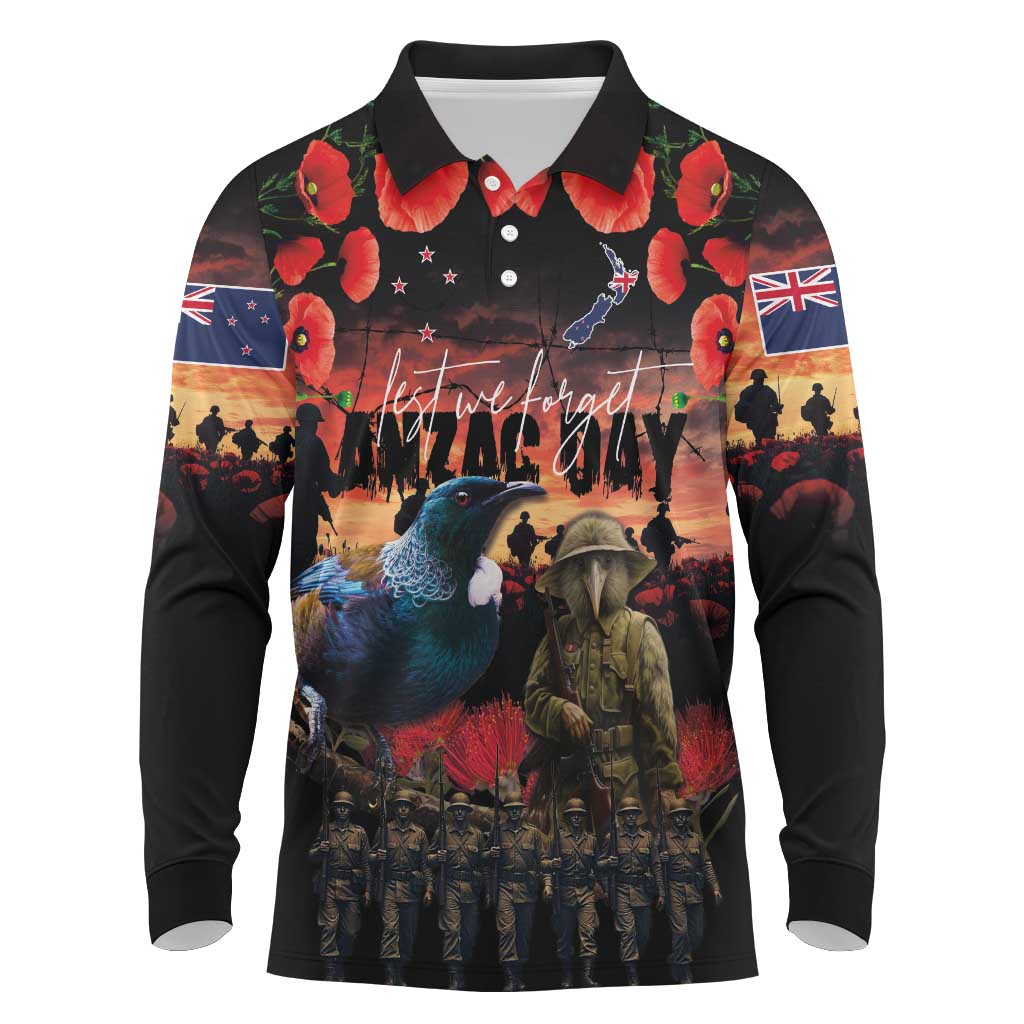 New Zealand ANZAC Day Long Sleeve Polo Shirt Tui Bird and Kiwi Bird Soldier - Forever in My Thoughts