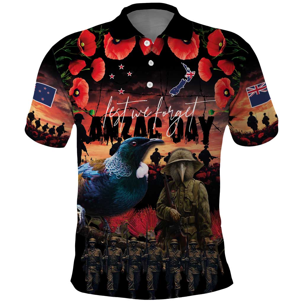 New Zealand ANZAC Day Polo Shirt Tui Bird and Kiwi Bird Soldier - Forever in My Thoughts