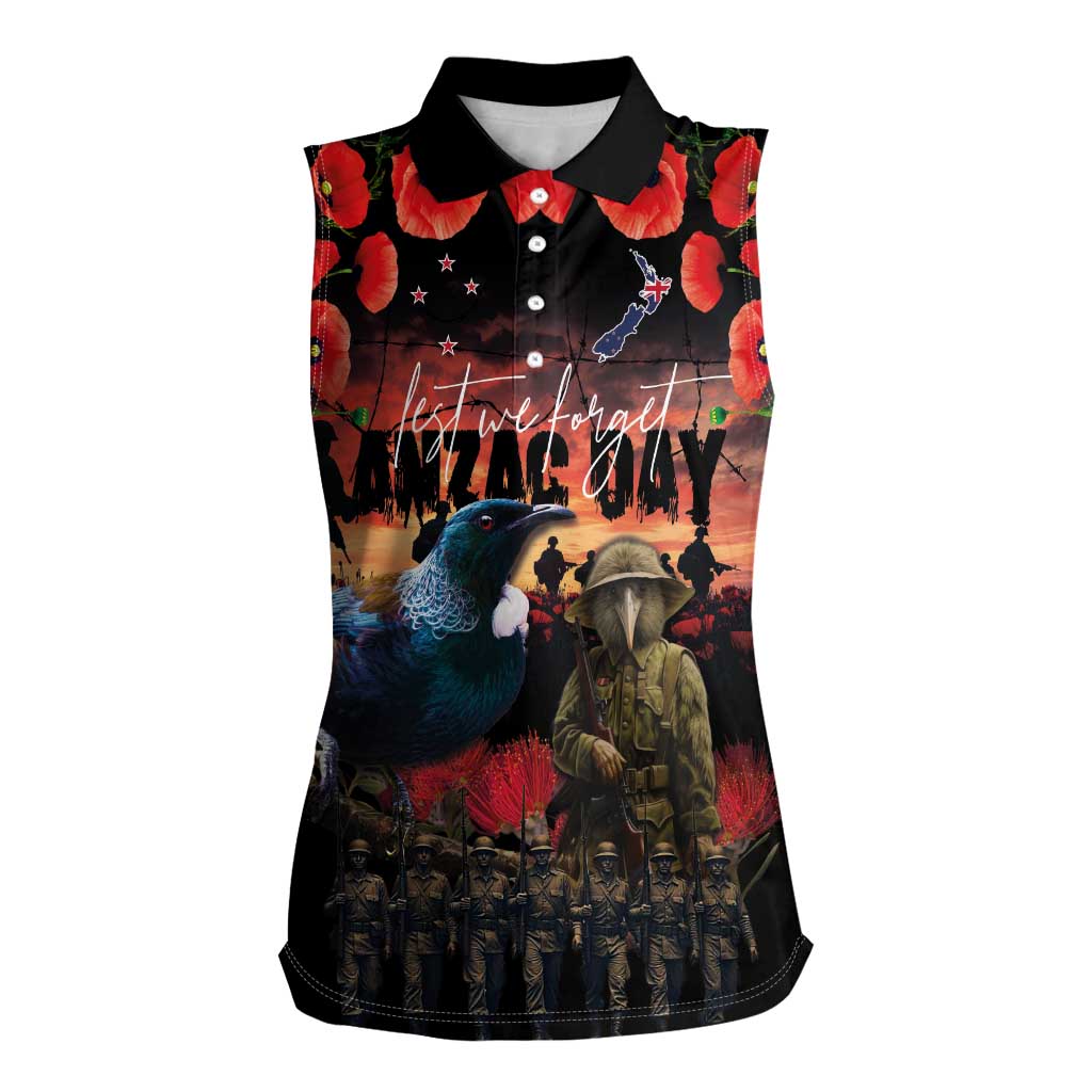 New Zealand ANZAC Day Women Sleeveless Polo Shirt Tui Bird and Kiwi Bird Soldier - Forever in My Thoughts