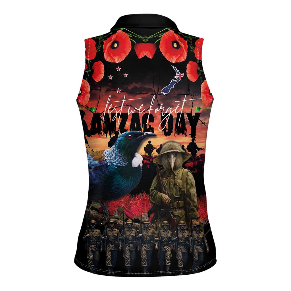 New Zealand ANZAC Day Women Sleeveless Polo Shirt Tui Bird and Kiwi Bird Soldier - Forever in My Thoughts