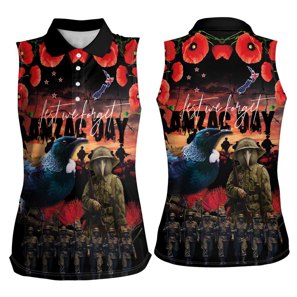 New Zealand ANZAC Day Women Sleeveless Polo Shirt Tui Bird and Kiwi Bird Soldier - Forever in My Thoughts