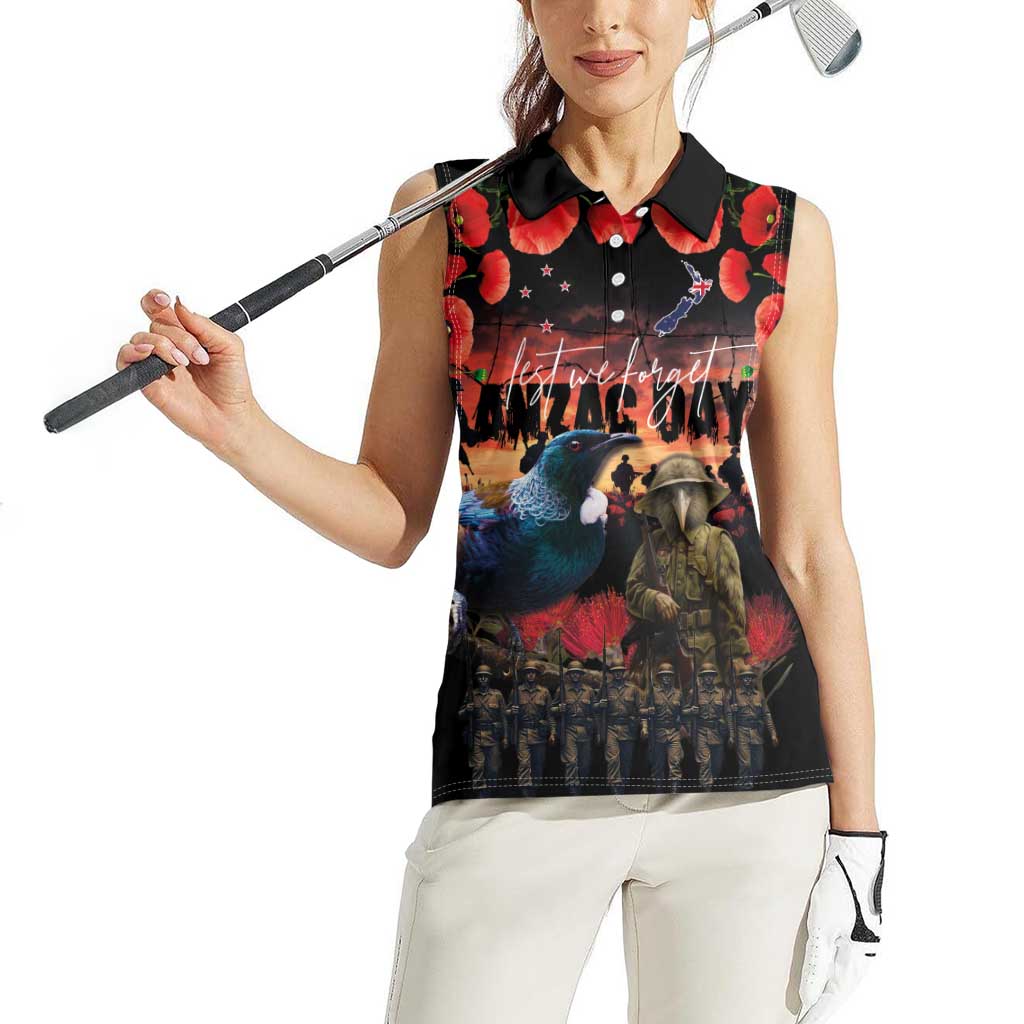 New Zealand ANZAC Day Women Sleeveless Polo Shirt Tui Bird and Kiwi Bird Soldier - Forever in My Thoughts