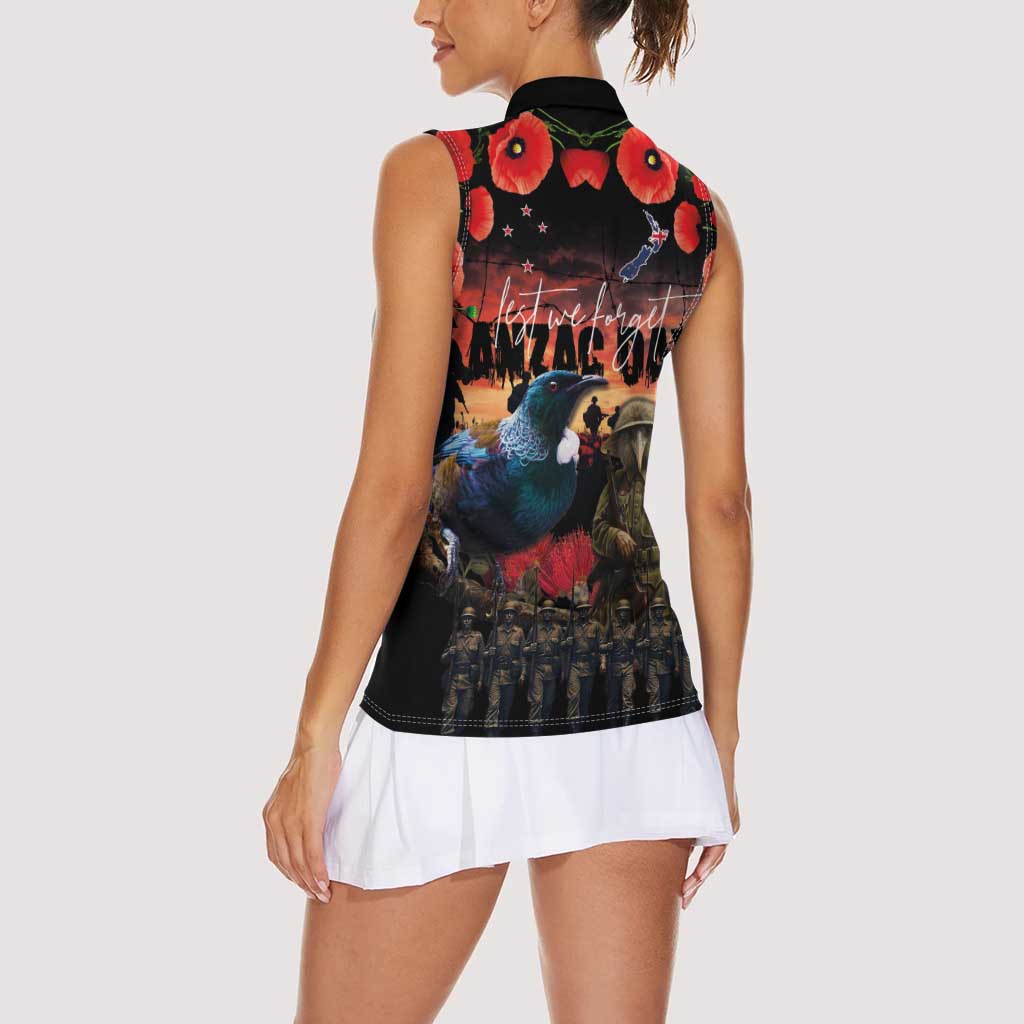 New Zealand ANZAC Day Women Sleeveless Polo Shirt Tui Bird and Kiwi Bird Soldier - Forever in My Thoughts