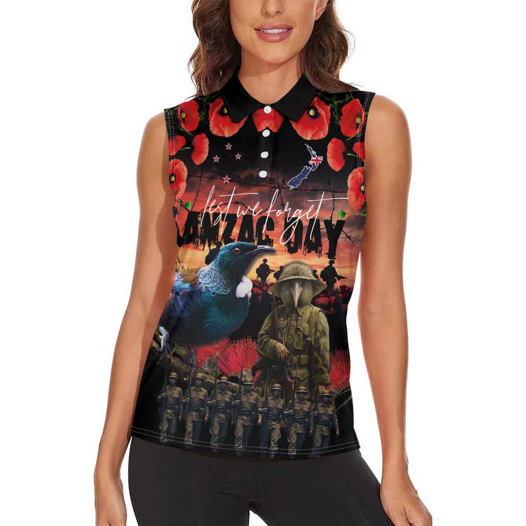 New Zealand ANZAC Day Women Sleeveless Polo Shirt Tui Bird and Kiwi Bird Soldier - Forever in My Thoughts