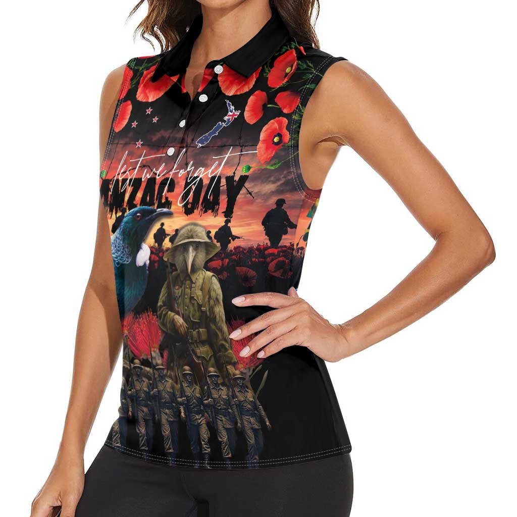 New Zealand ANZAC Day Women Sleeveless Polo Shirt Tui Bird and Kiwi Bird Soldier - Forever in My Thoughts