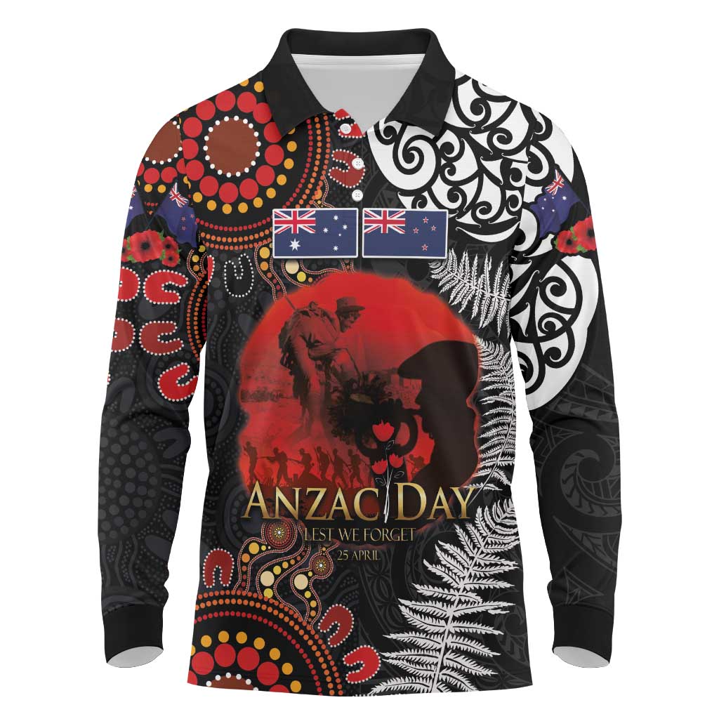 Australia and New Zealand ANZAC Day Long Sleeve Polo Shirt Aboriginal and Maori Art Pattern - Gallipoli Lest We Forget