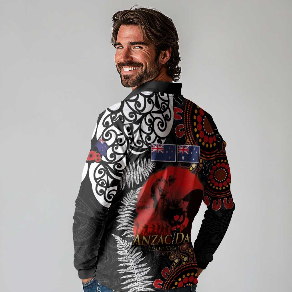 Australia and New Zealand ANZAC Day Long Sleeve Polo Shirt Aboriginal and Maori Art Pattern - Gallipoli Lest We Forget