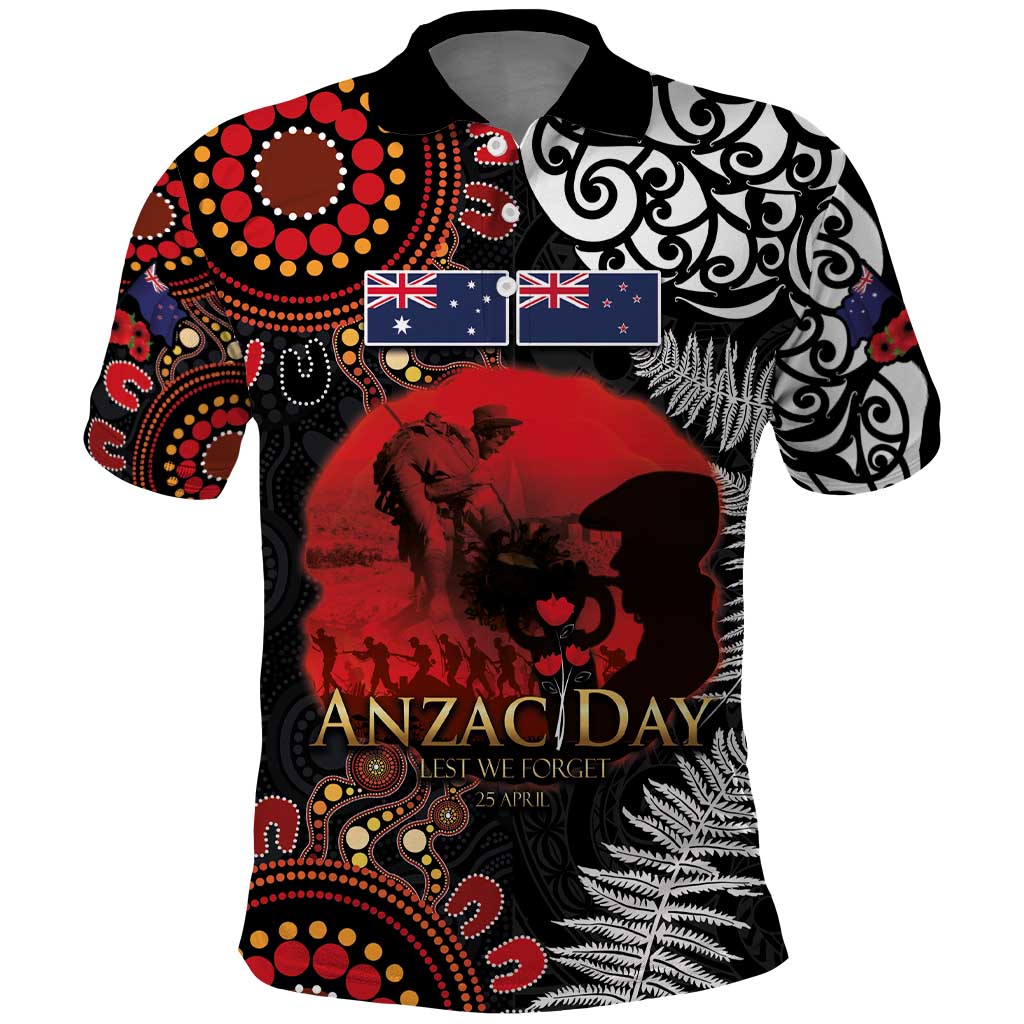 Australia and New Zealand ANZAC Day Polo Shirt Aboriginal and Maori Art Pattern - Gallipoli Lest We Forget