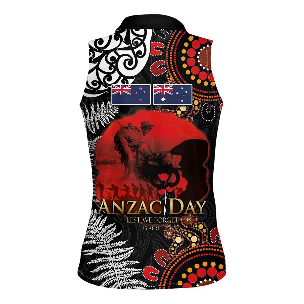 Australia and New Zealand ANZAC Day Women Sleeveless Polo Shirt Aboriginal and Maori Art Pattern - Gallipoli Lest We Forget