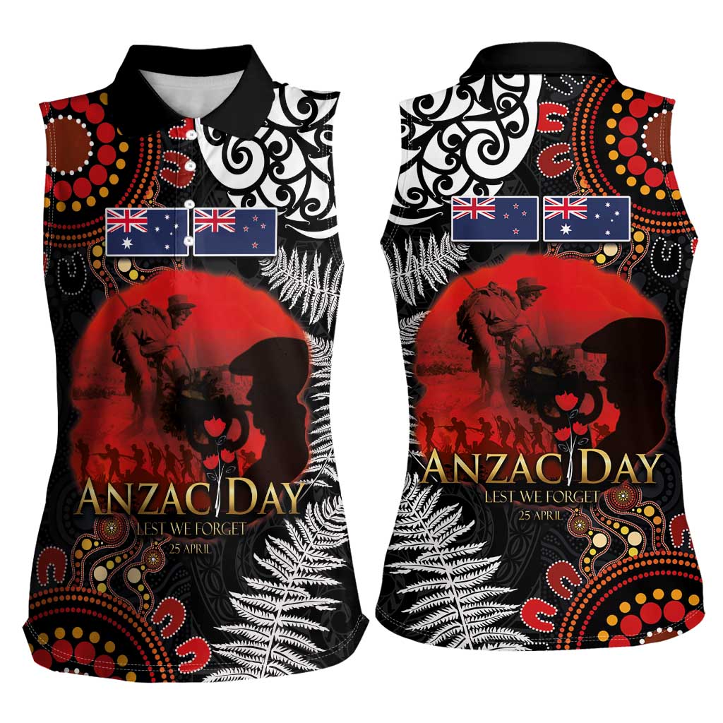 Australia and New Zealand ANZAC Day Women Sleeveless Polo Shirt Aboriginal and Maori Art Pattern - Gallipoli Lest We Forget