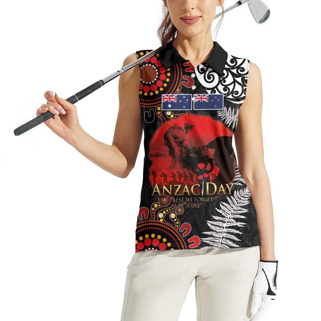 Australia and New Zealand ANZAC Day Women Sleeveless Polo Shirt Aboriginal and Maori Art Pattern - Gallipoli Lest We Forget