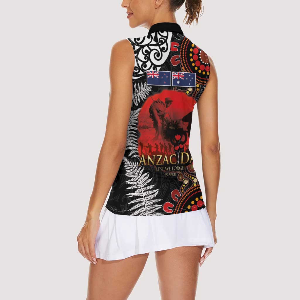 Australia and New Zealand ANZAC Day Women Sleeveless Polo Shirt Aboriginal and Maori Art Pattern - Gallipoli Lest We Forget