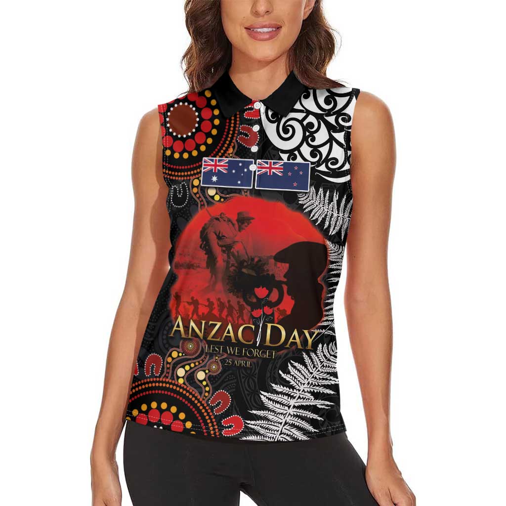 Australia and New Zealand ANZAC Day Women Sleeveless Polo Shirt Aboriginal and Maori Art Pattern - Gallipoli Lest We Forget