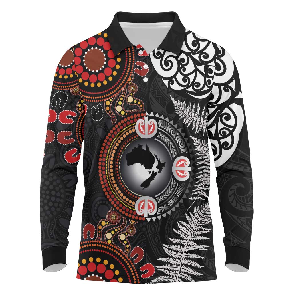 Australia and New Zealand Together Long Sleeve Polo Shirt Aboriginal and Maori Art Tattoo