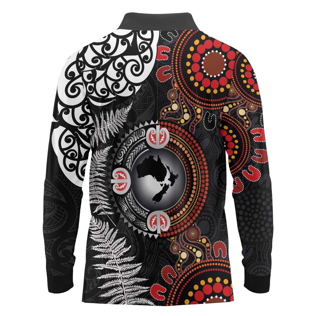 Australia and New Zealand Together Long Sleeve Polo Shirt Aboriginal and Maori Art Tattoo