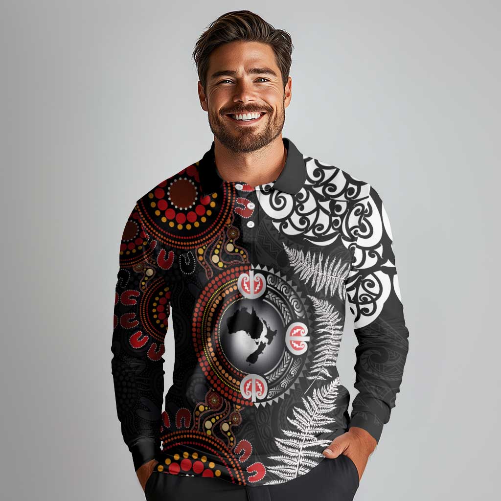 Australia and New Zealand Together Long Sleeve Polo Shirt Aboriginal and Maori Art Tattoo