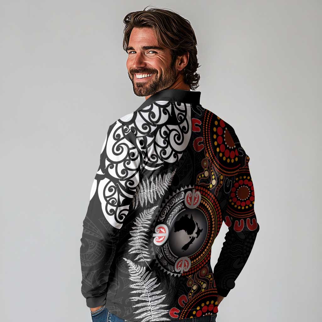 Australia and New Zealand Together Long Sleeve Polo Shirt Aboriginal and Maori Art Tattoo