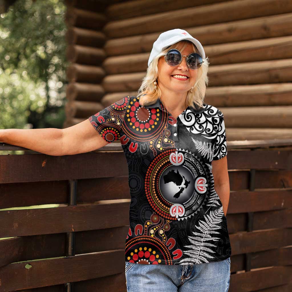 Australia and New Zealand Together Women Polo Shirt Aboriginal and Maori Art Tattoo