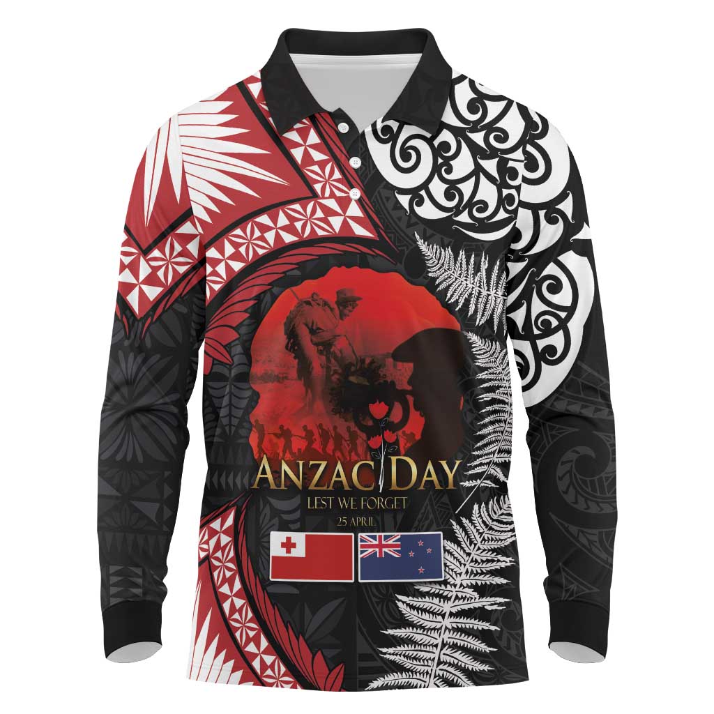 Tonga and New Zealand ANZAC Day Long Sleeve Polo Shirt Gallipoli Lest We Forget Ngatu Art Tribal and Maori Tattoo with Fern LT03