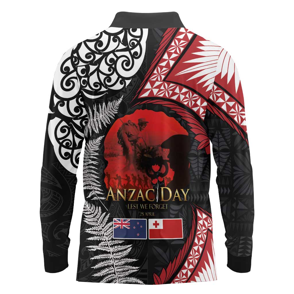 Tonga and New Zealand ANZAC Day Long Sleeve Polo Shirt Gallipoli Lest We Forget Ngatu Art Tribal and Maori Tattoo with Fern LT03