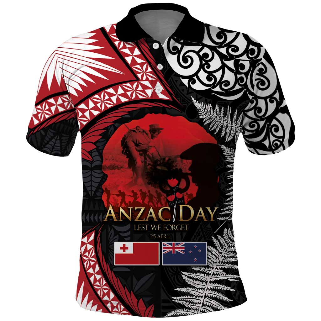 Tonga and New Zealand ANZAC Day Polo Shirt Gallipoli Lest We Forget Ngatu Art Tribal and Maori Tattoo with Fern LT03