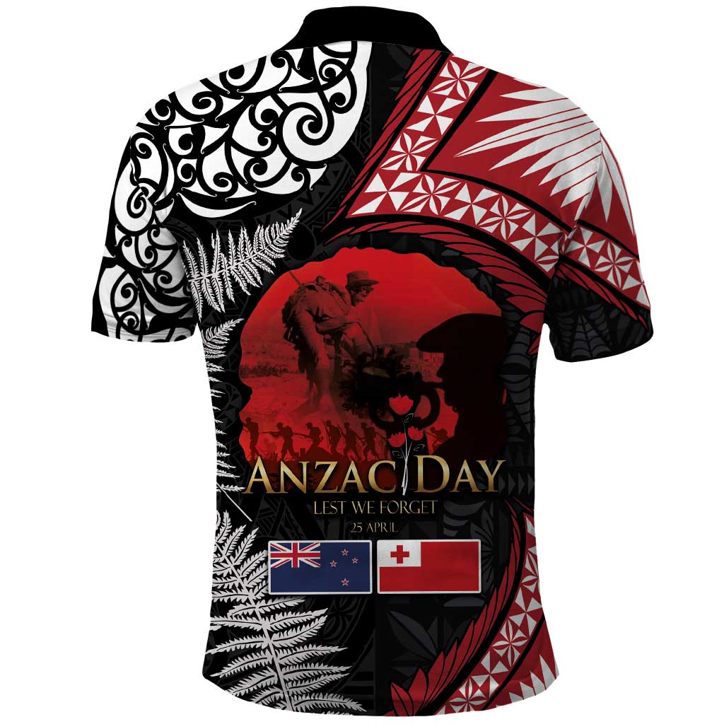 Tonga and New Zealand ANZAC Day Polo Shirt Gallipoli Lest We Forget Ngatu Art Tribal and Maori Tattoo with Fern LT03