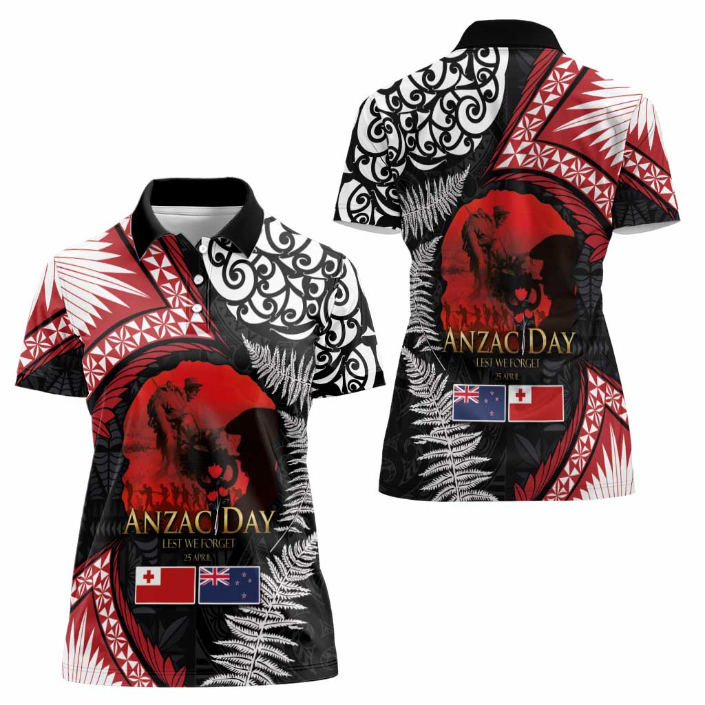 Tonga and New Zealand ANZAC Day Women Polo Shirt Gallipoli Lest We Forget Ngatu Art Tribal and Maori Tattoo with Fern LT03