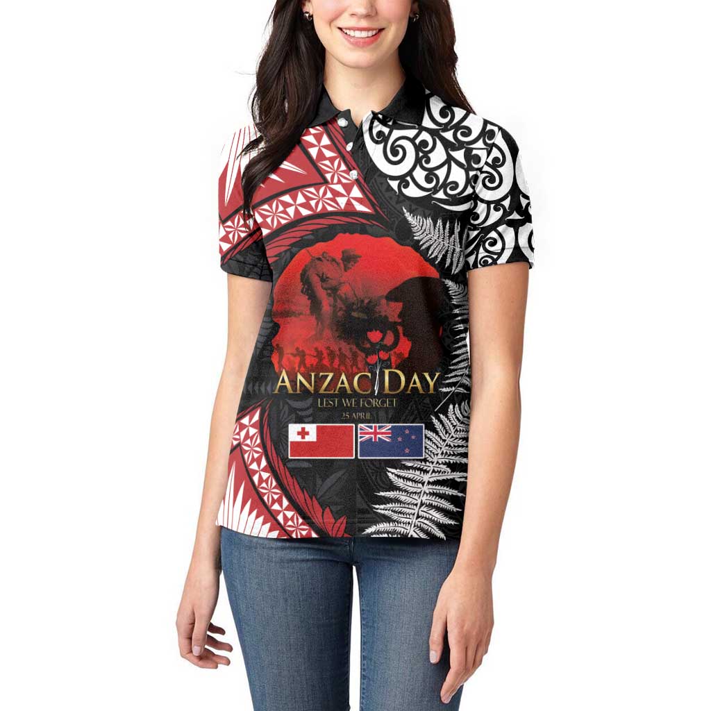 Tonga and New Zealand ANZAC Day Women Polo Shirt Gallipoli Lest We Forget Ngatu Art Tribal and Maori Tattoo with Fern LT03