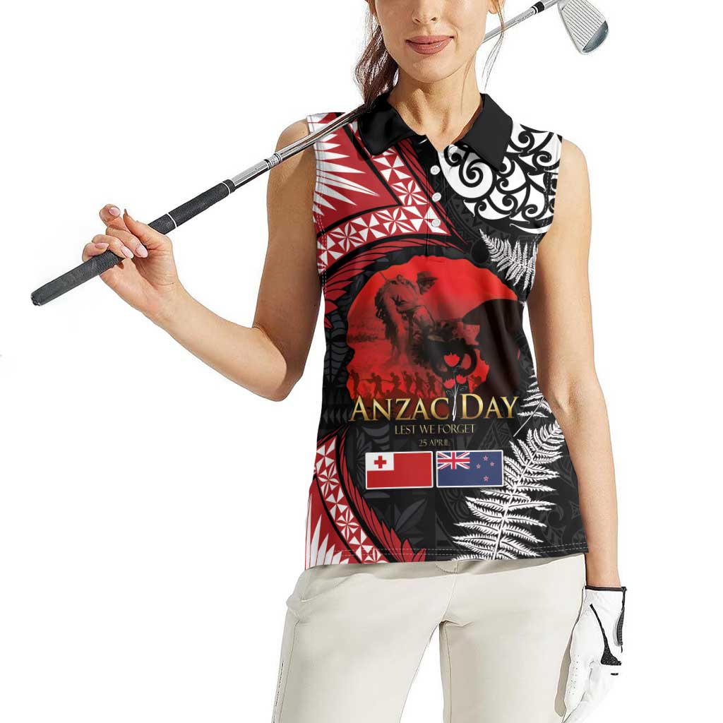 Tonga and New Zealand ANZAC Day Women Sleeveless Polo Shirt Gallipoli Lest We Forget Ngatu Art Tribal and Maori Tattoo with Fern LT03