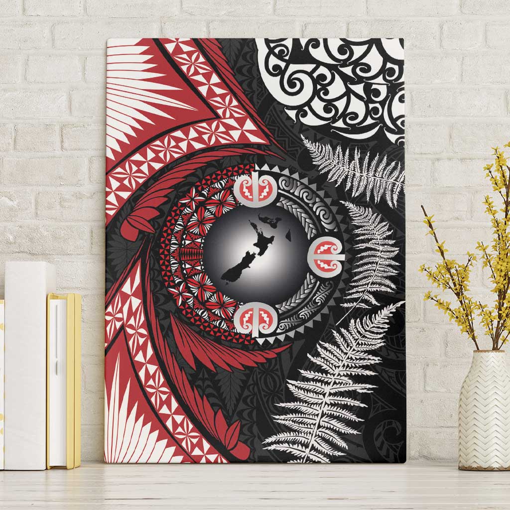 Tonga and New Zealand Together Canvas Wall Art Ngatu Art Tribal Maori Tattoo and Silver Fern