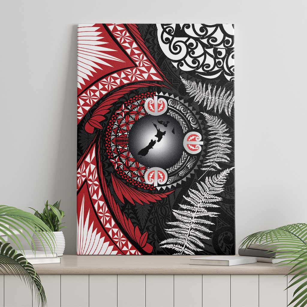 Tonga and New Zealand Together Canvas Wall Art Ngatu Art Tribal Maori Tattoo and Silver Fern