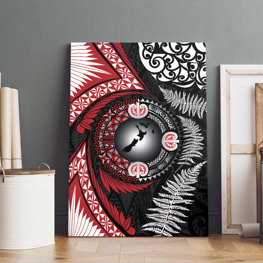 Tonga and New Zealand Together Canvas Wall Art Ngatu Art Tribal Maori Tattoo and Silver Fern