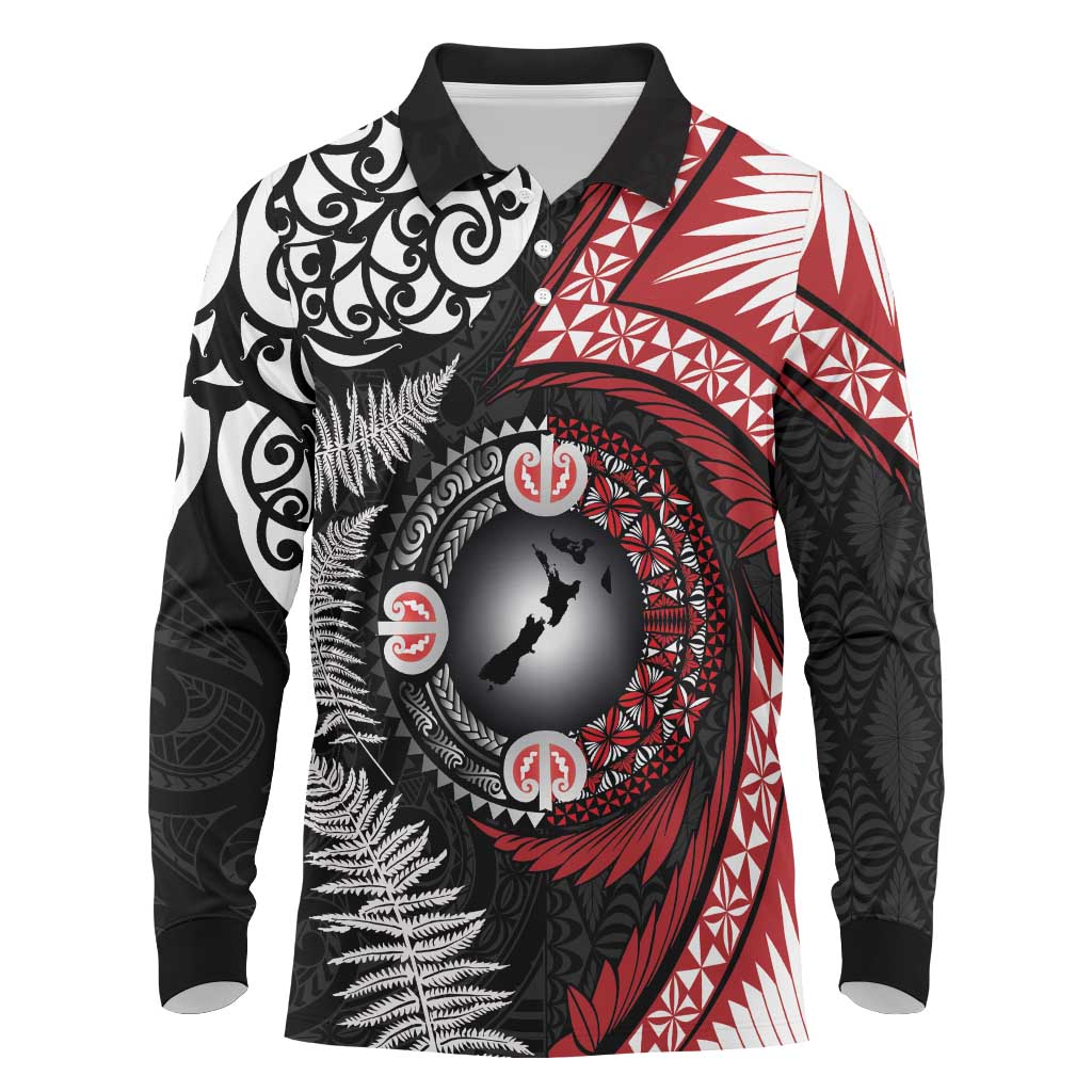 Tonga and New Zealand Together Long Sleeve Polo Shirt Ngatu Art Tribal Maori Tattoo and Silver Fern