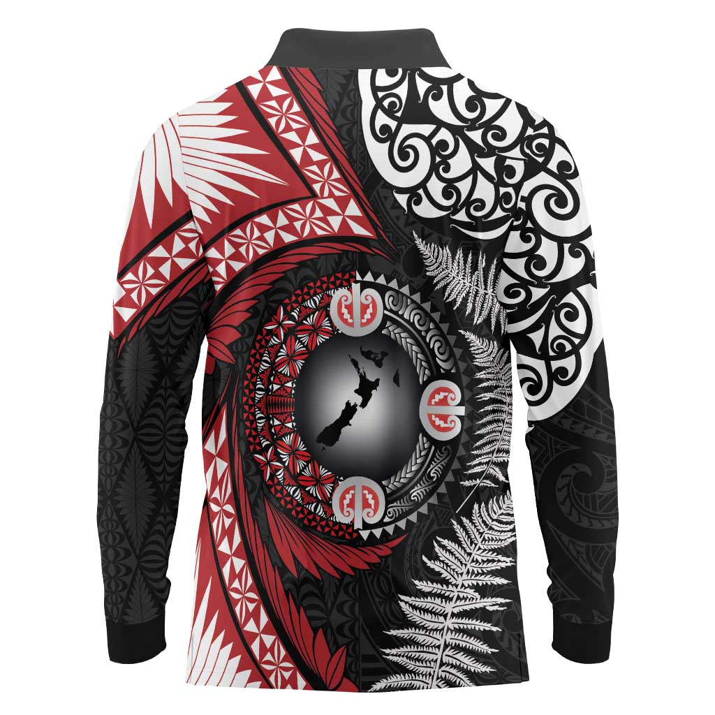 Tonga and New Zealand Together Long Sleeve Polo Shirt Ngatu Art Tribal Maori Tattoo and Silver Fern