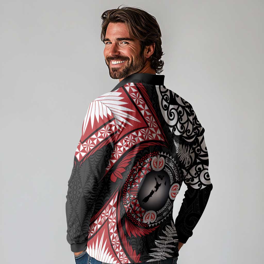 Tonga and New Zealand Together Long Sleeve Polo Shirt Ngatu Art Tribal Maori Tattoo and Silver Fern