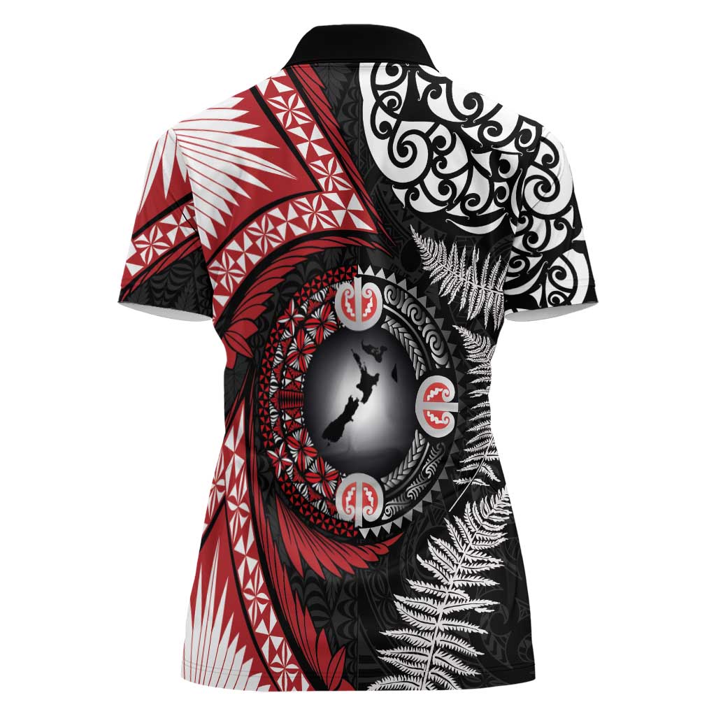 Tonga and New Zealand Together Women Polo Shirt Ngatu Art Tribal Maori Tattoo and Silver Fern